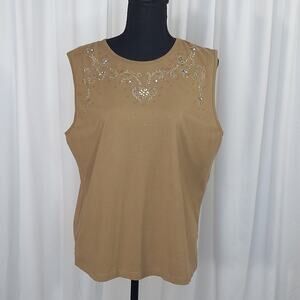 Beaded XL Camel/Tan Tank XL Sleeveless Top Clean Girl Office Coldwater Creek